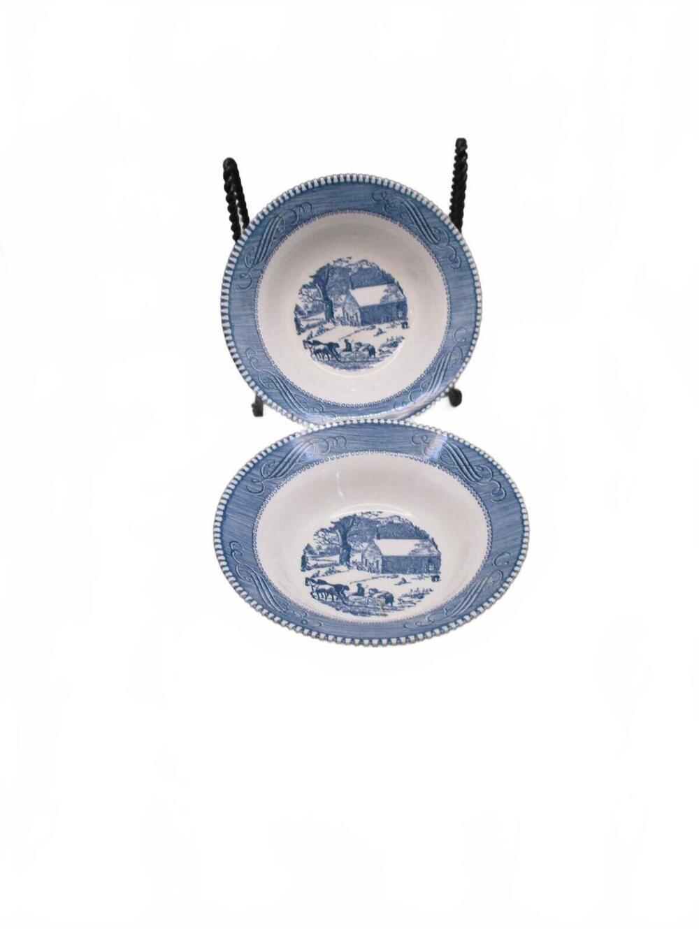 Set of 2 Vintage Royal China Currier & Ives Blue Rimmed Soup Bowls Early Winter